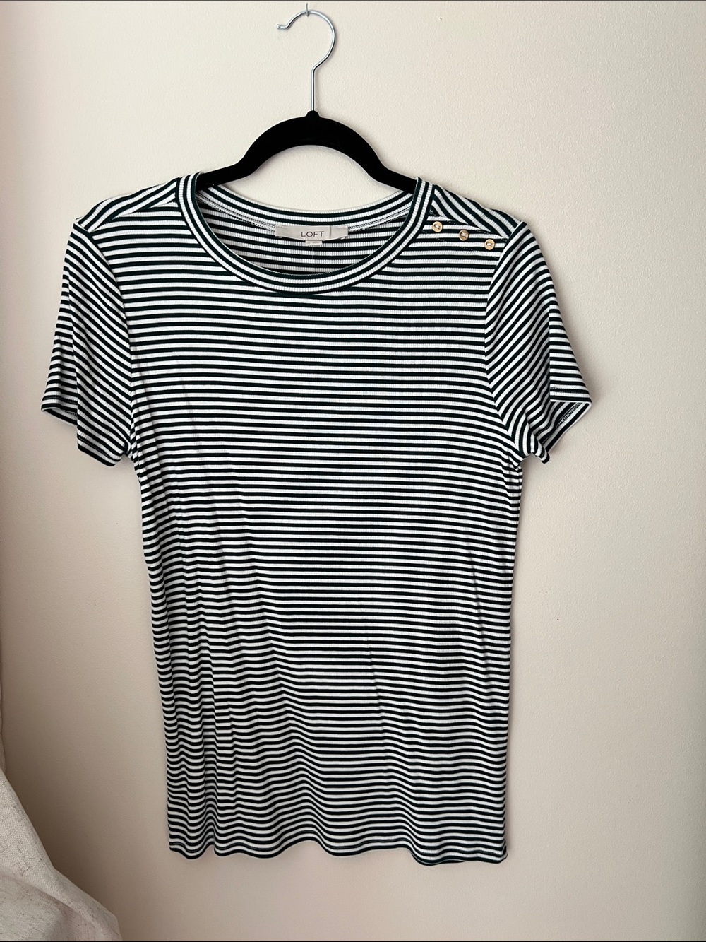 LOFT Black & White Striped Short Sleeve Tee with Shoulder Buttons